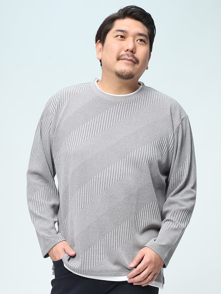 在庫処分 返品交換不可 PLEGGI プレッジ ロンT フェイクレイヤード クルーネック 長袖 Tシャツ 2重襟 トップス ランダムテレコ 無地 大きいサイズ メンズ