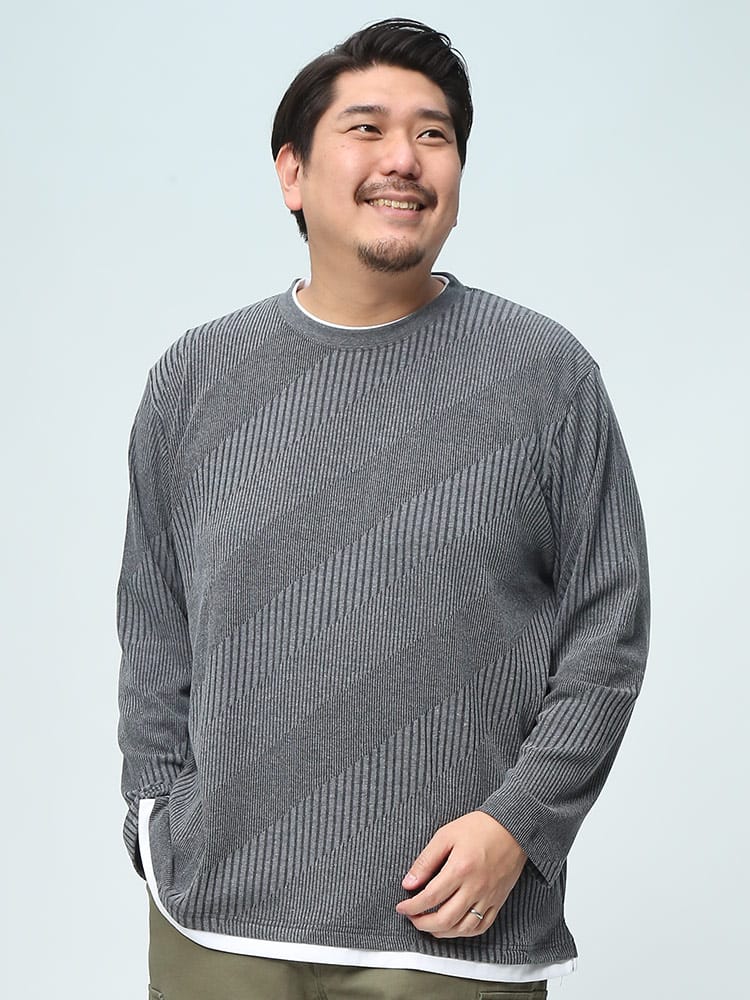在庫処分 返品交換不可 PLEGGI プレッジ ロンT フェイクレイヤード クルーネック 長袖 Tシャツ 2重襟 トップス ランダムテレコ 無地 大きいサイズ メンズ