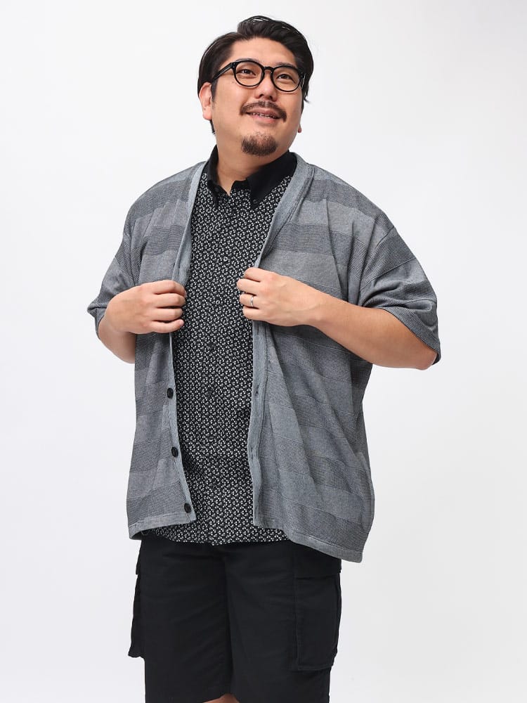 在庫処分 返品交換不可 PLEGGI (プレッジ) ボーダー柄 ジャガード ポケット付き 半袖 カーディガン