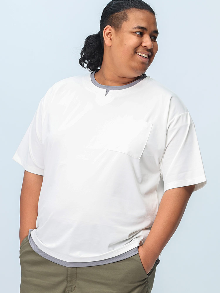 半袖 Tシャツ ジャガード フェイクキーネック トップス フェイクレイヤード 春 夏 大きいサイズ メンズ