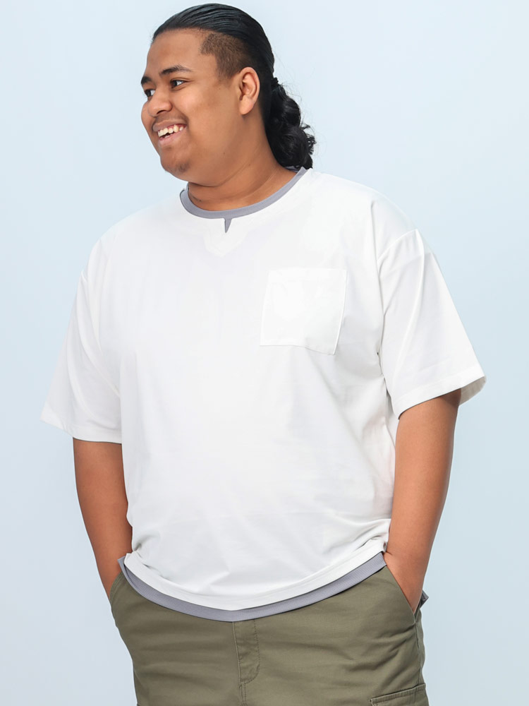 半袖 Tシャツ ジャガード フェイクキーネック トップス フェイクレイヤード 春 夏 大きいサイズ メンズ