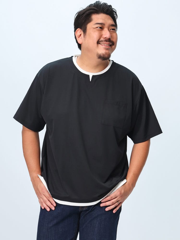 半袖 Tシャツ ジャガード フェイクキーネック トップス フェイクレイヤード 春 夏 大きいサイズ メンズ