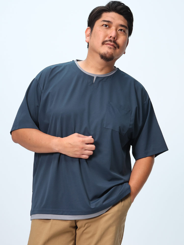 半袖 Tシャツ ジャガード フェイクキーネック トップス フェイクレイヤード 春 夏 大きいサイズ メンズ