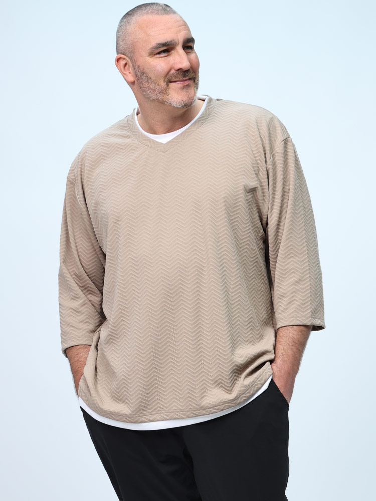 7分袖 Tシャツ 総柄 フェイクレイヤード トップス Tシャツ Vネック 柄 秋冬 大きいサイズ メンズ