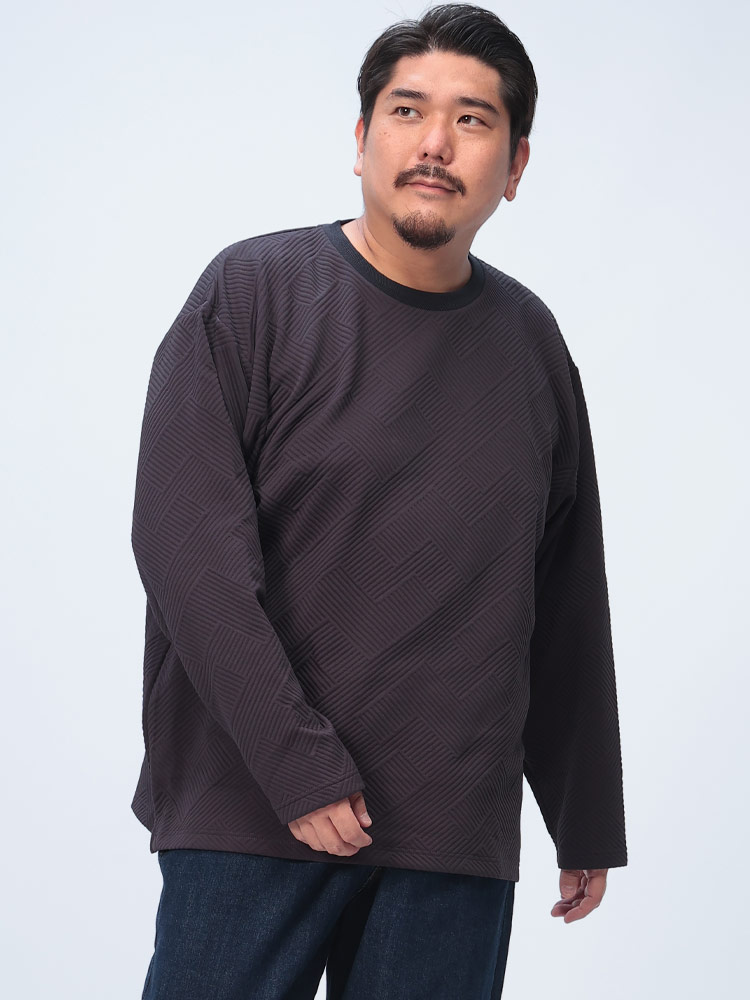 長袖 Tシャツ 幾何学ジャガード クルーネック トップス ロンT シンプル 秋冬 大きいサイズ メンズ