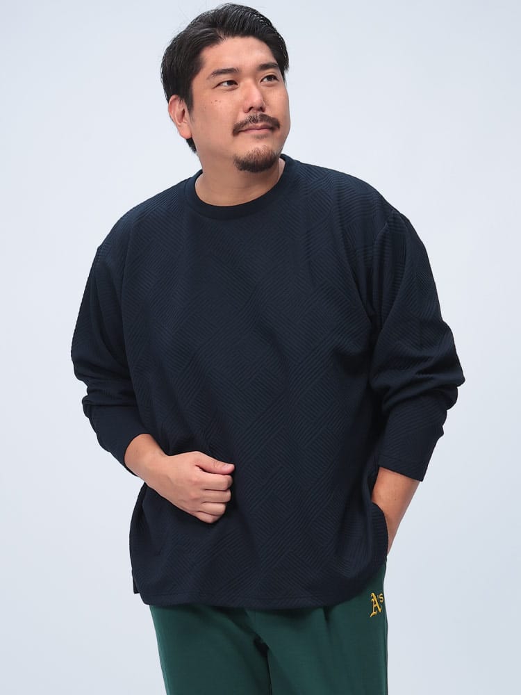 長袖 Tシャツ 幾何学ジャガード クルーネック トップス ロンT シンプル 秋冬 大きいサイズ メンズ