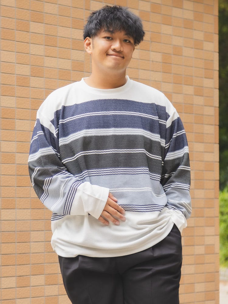 長袖 Tシャツ ポップコーンボーダー クルーネック トップス ロンT 柄 