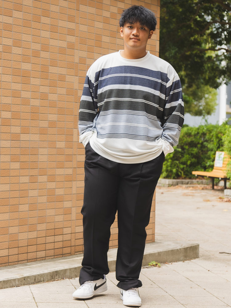 長袖 Tシャツ ポップコーンボーダー クルーネック トップス ロンT 柄