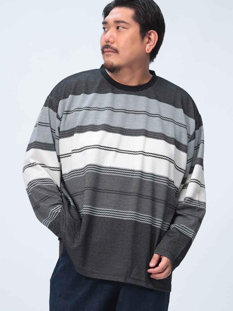 長袖 Tシャツ ポップコーンボーダー クルーネック トップス ロンT 柄 秋冬 大きいサイズ メンズ
