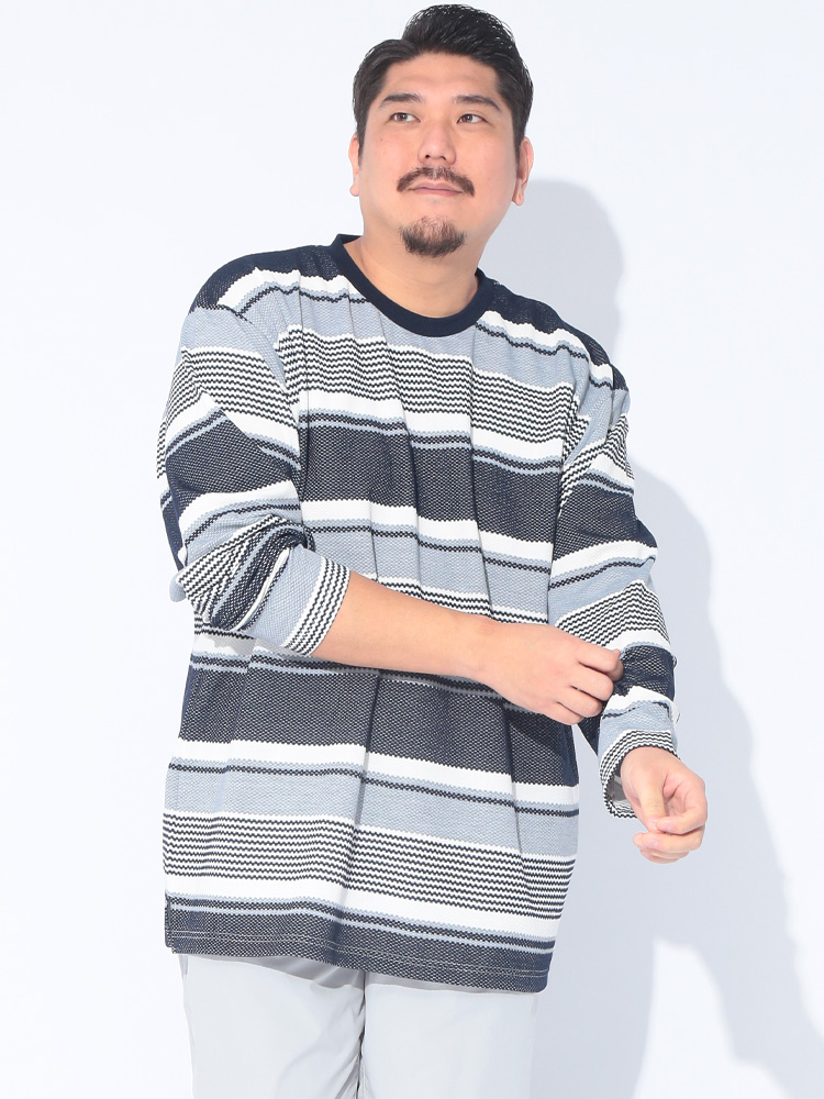 長袖 Tシャツ ポップコーンランダムボーダー クルーネック ロンT プルオーバー 大きいサイズ メンズ