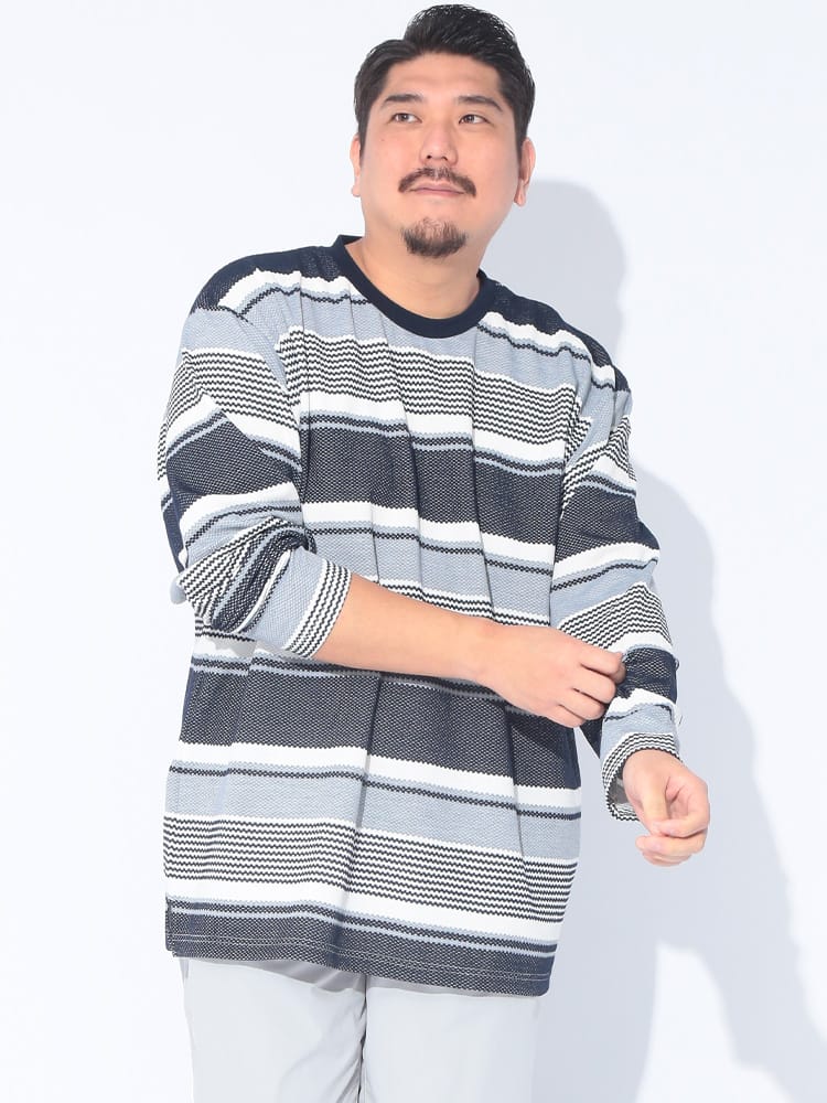 長袖 Tシャツ ポップコーンランダムボーダー クルーネック ロンT プルオーバー 大きいサイズ メンズ