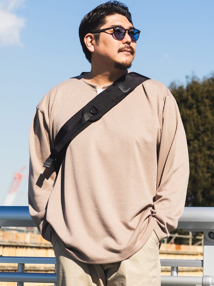 長袖 Tシャツ リーフジャガードストライプ レイヤード風キーネック ロンT 重ね着風 大きいサイズ メンズ
