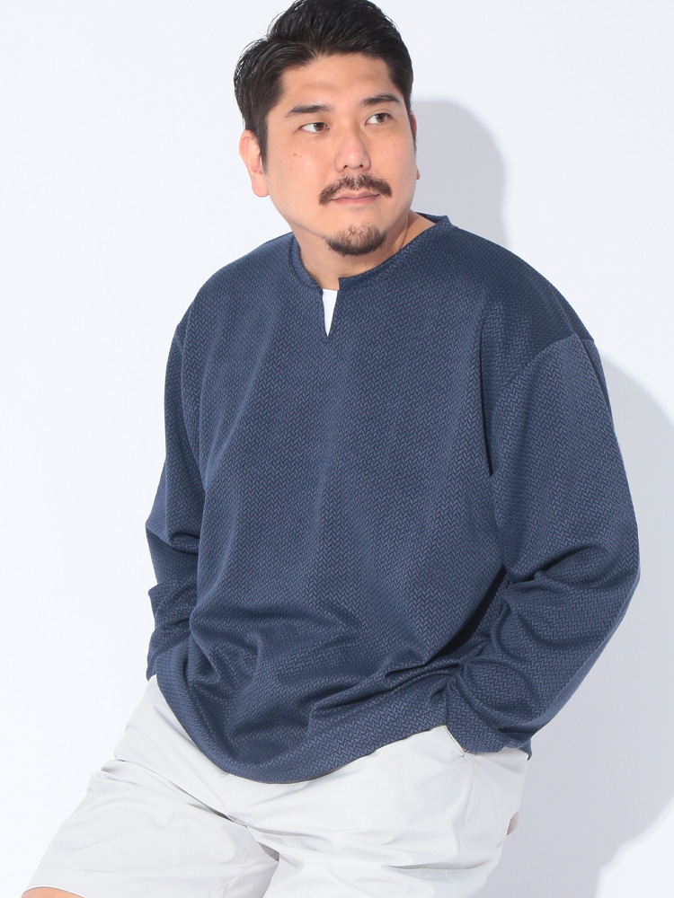長袖 Tシャツ リーフジャガードストライプ レイヤード風キーネック ロンT 重ね着風 大きいサイズ メンズ