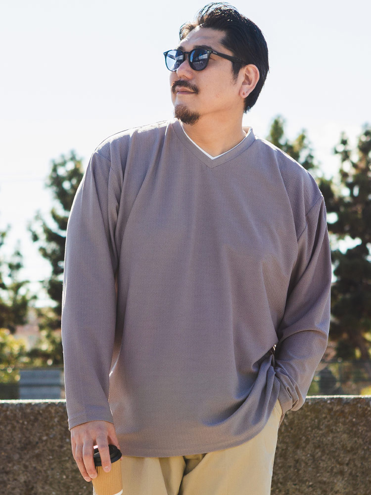 長袖 Tシャツ ストレッチ 総柄ウェーブ レイヤード風Vネック ロンT 重ね着風 大きいサイズ メンズ