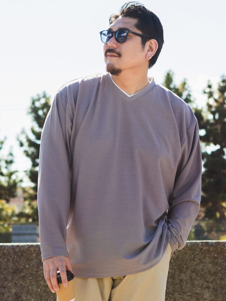 長袖 Tシャツ ストレッチ 総柄ウェーブ レイヤード風Vネック ロンT 重ね着風 大きいサイズ メンズ
