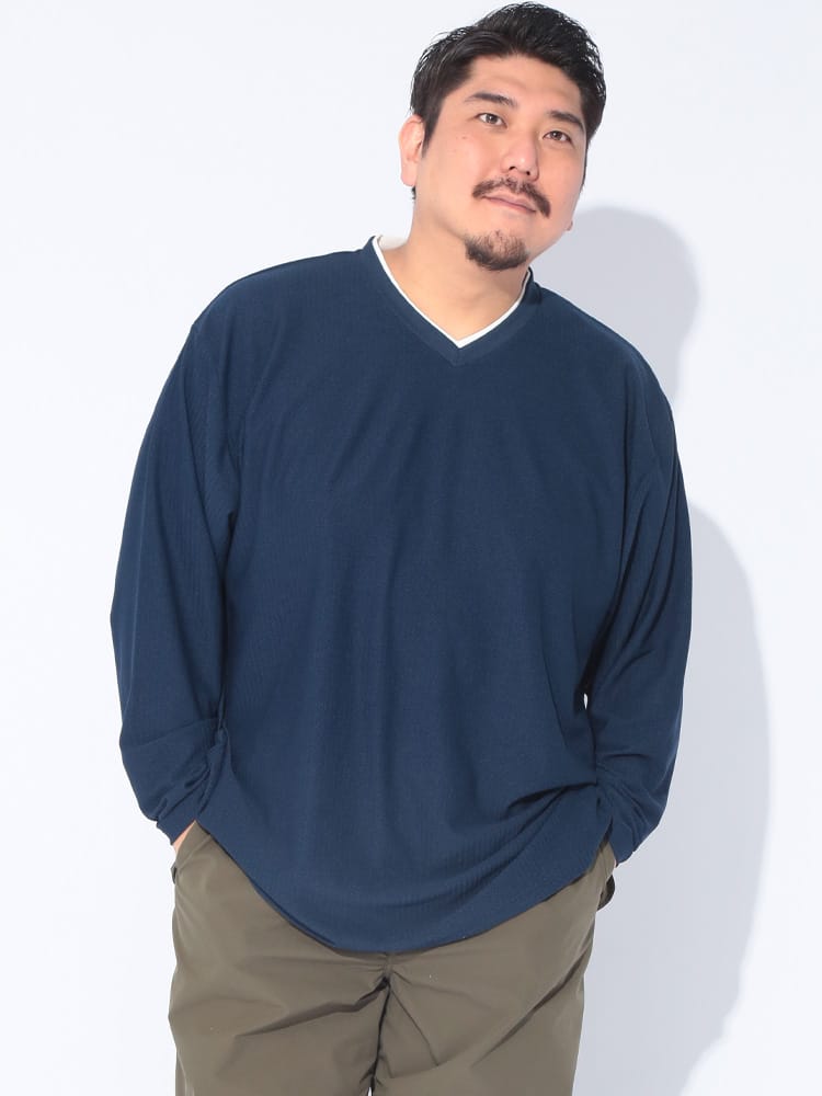 長袖 Tシャツ ストレッチ 総柄ウェーブ レイヤード風Vネック ロンT 重ね着風 大きいサイズ メンズ