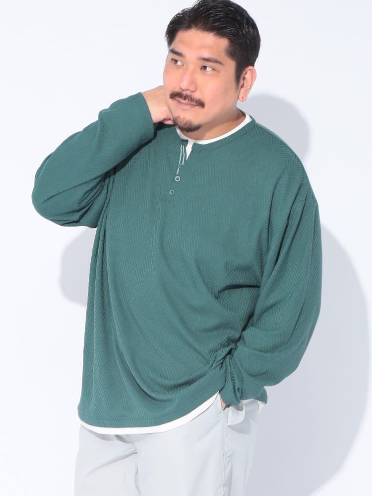 長袖 Tシャツ 幾何学柄 ヘンリーネック フェイクレイヤード ロンT 重ね着風 大きいサイズ メンズ