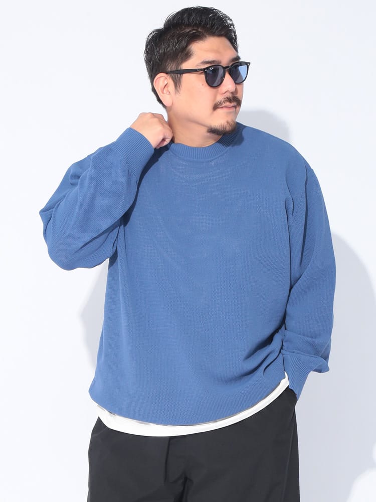 ニット ふわかる エアーニット 鹿の子編み クルーネック プルオーバー 長袖 伸びる 大きいサイズ メンズ