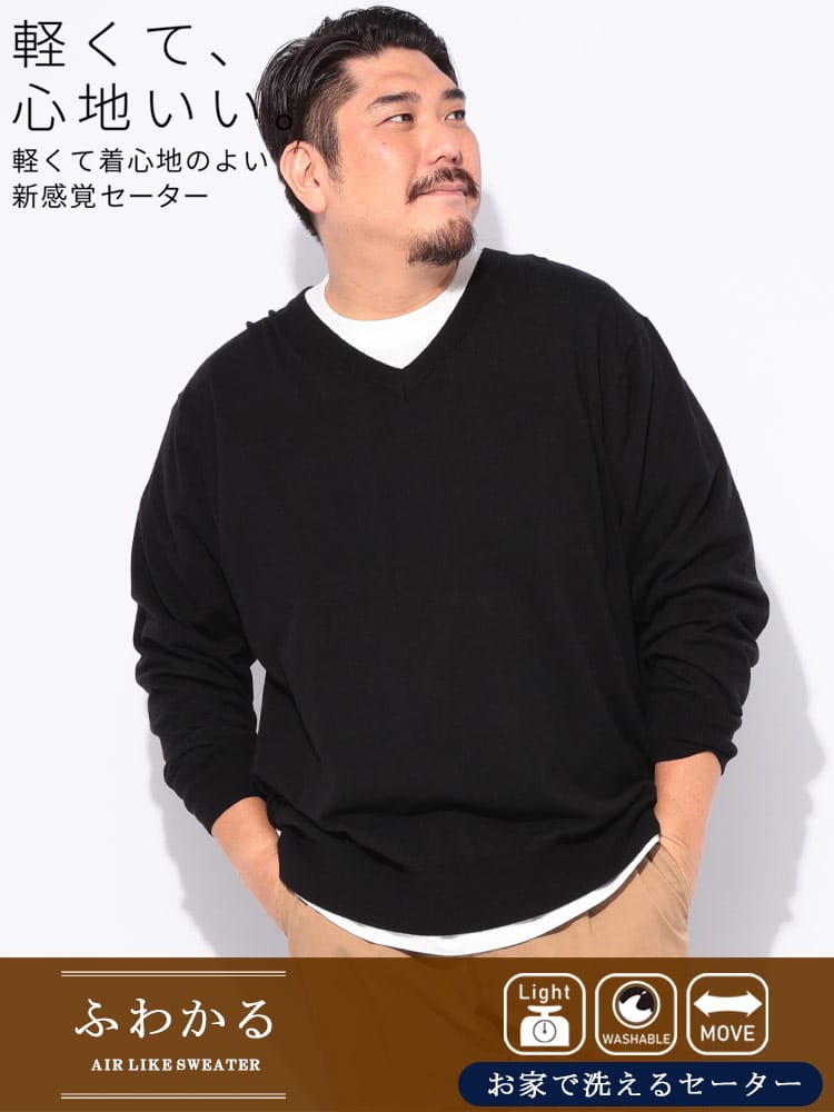 Vネック セーター ふわかる ウォッシャブル 12G 天竺編み トップス ニット プルオーバー シンプル 秋 冬 大きいサイズ メンズ