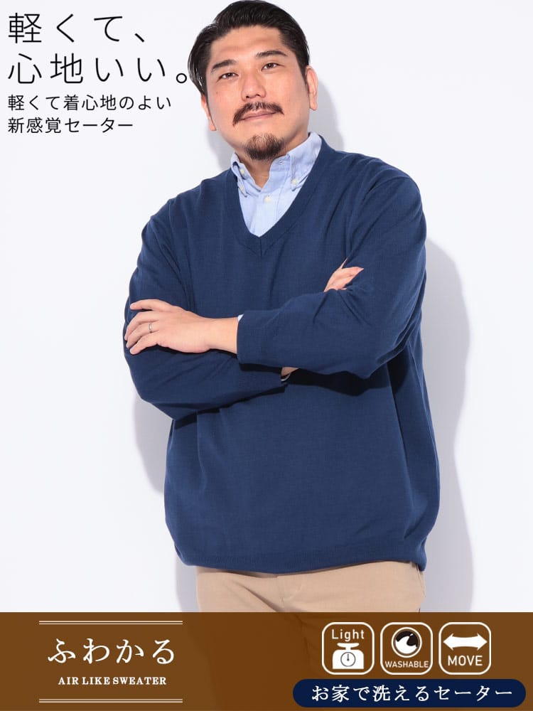 Vネック セーター ふわかる ウォッシャブル 12G 天竺編み トップス ニット プルオーバー シンプル 秋 冬 大きいサイズ メンズ