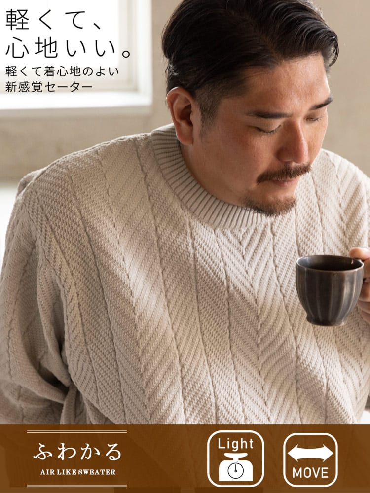 【WEB先行値下げ】クルーネック ニットセーター ふわかる 7G ヘリンボーン柄 トップス 軽量 軽い 秋 冬 大きいサイズ メンズ