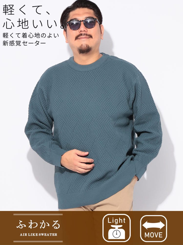 【WEB先行値下げ】ニットセーター ふわかる 7G バスケット柄 クルーネック トップス 軽量 軽い 秋 冬 大きいサイズ メンズ