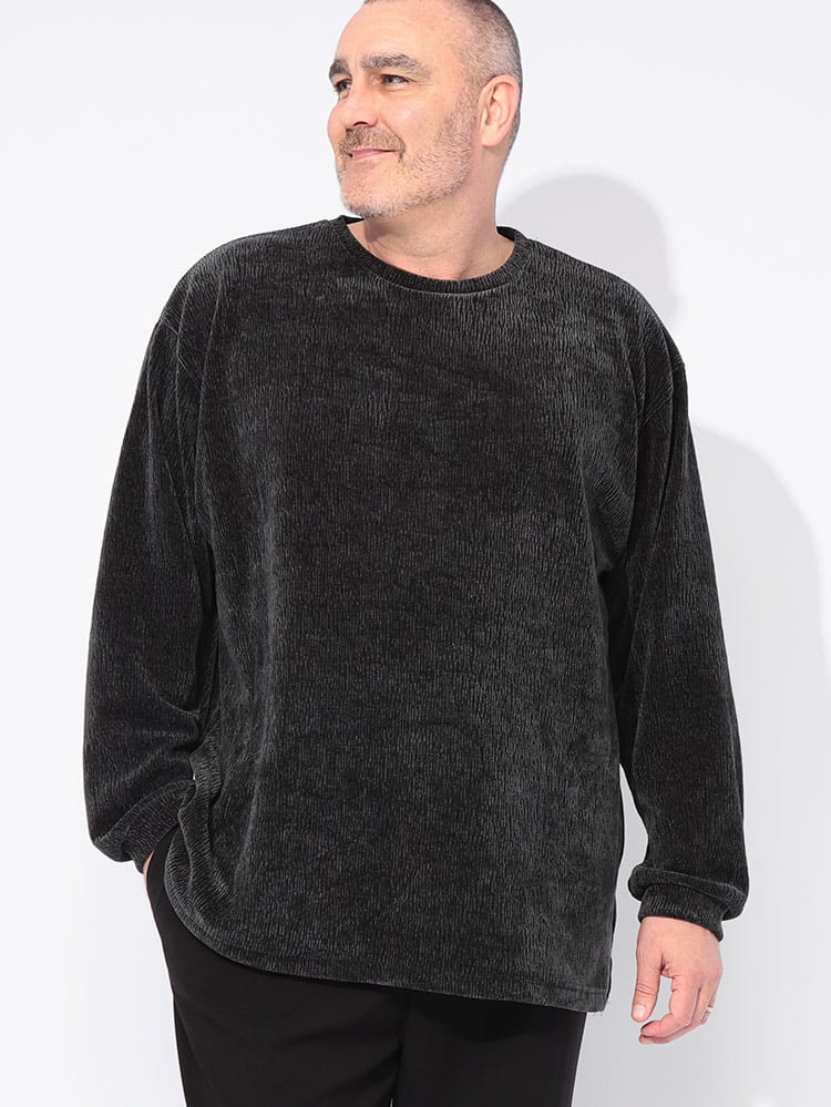 長袖 Tシャツ 楊柳風 ベロア クルーネック トップス ロンT 起毛 秋 冬 大きいサイズ メンズ