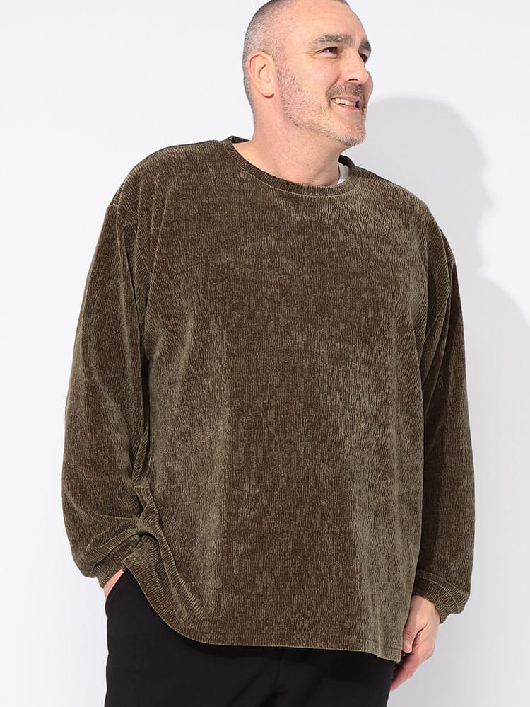 長袖 Tシャツ 楊柳風 ベロア クルーネック トップス ロンT 起毛 秋 冬 大きいサイズ メンズ