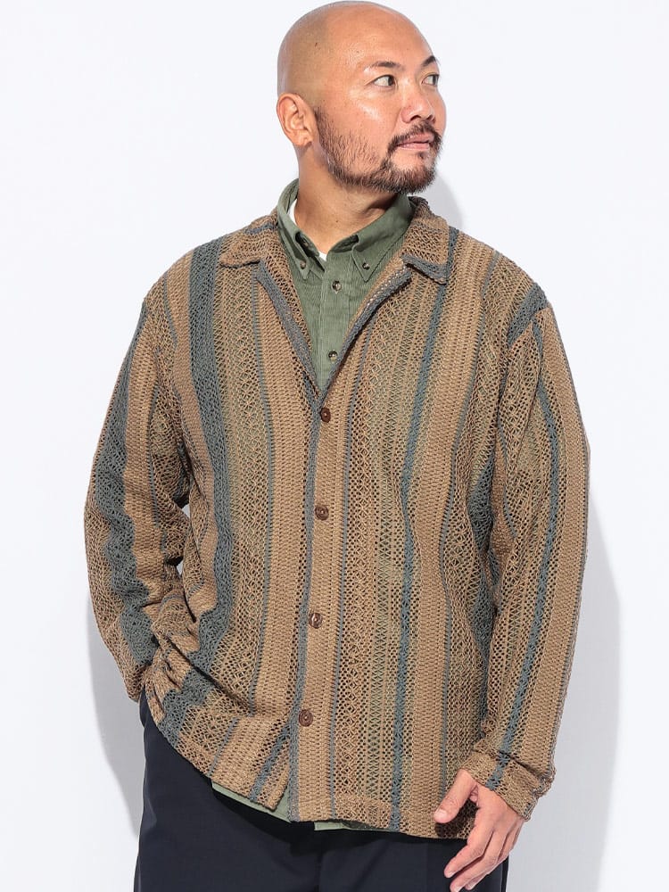 長袖 シャツ バルファレース ストライプ トップス レース 透け感 春 秋 大きいサイズ メンズ