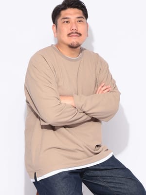 Tシャツ 長袖 メンズ 大きいサイズ ジャガード クルーネック フェイクレイヤード トップス ロング 春 夏