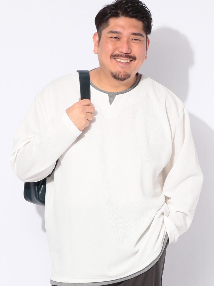 Tシャツ 長袖 メンズ 大きいサイズ キーネック フェイクレイヤード トップス ロング 春 夏