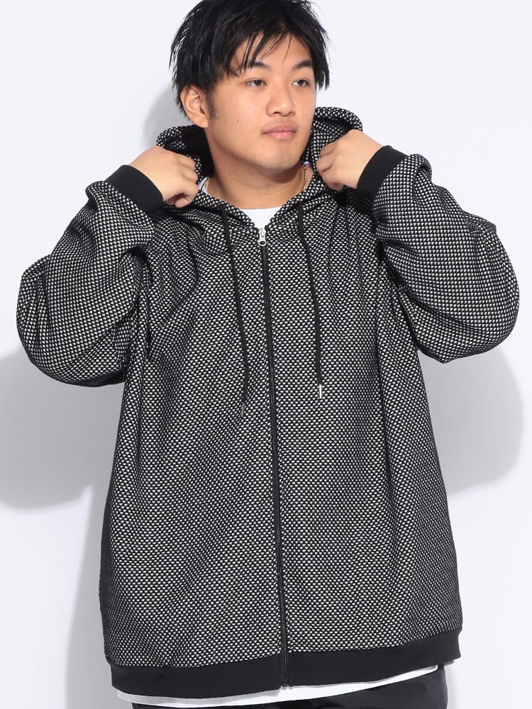 パーカー 長袖 メンズ 大きいサイズ バーズアイ ジャガード フルジップ トップス フード ジップ 春 秋