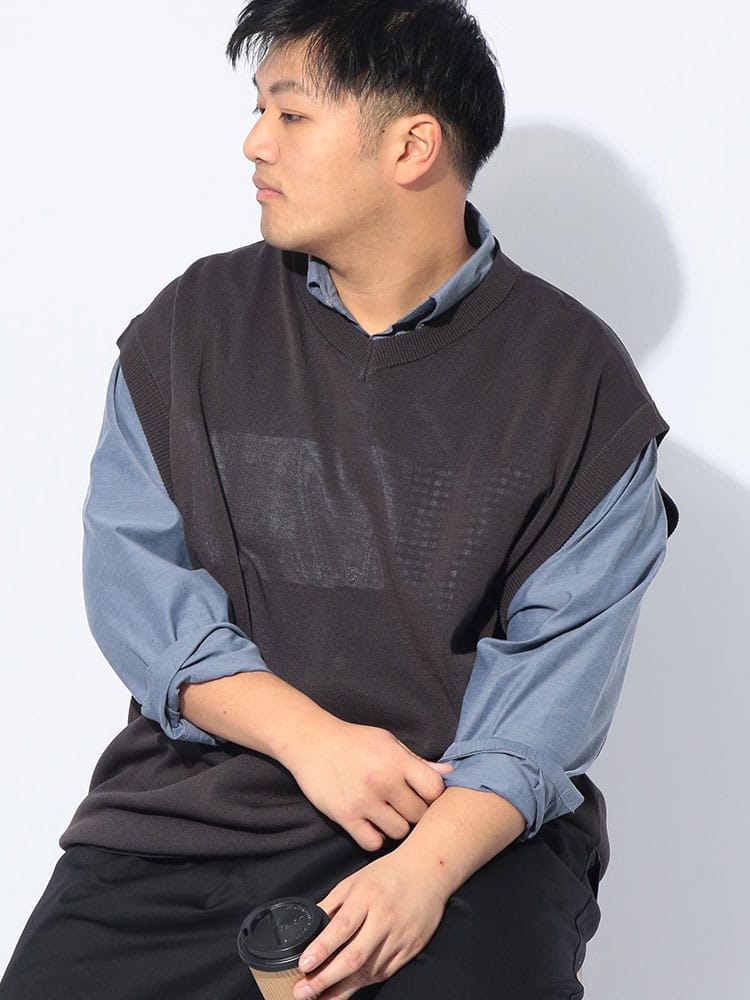 ベスト メンズ 大きいサイズ 12G 天竺編み リネンライク Vネック ニットベスト トップス ニット 無地 春 夏