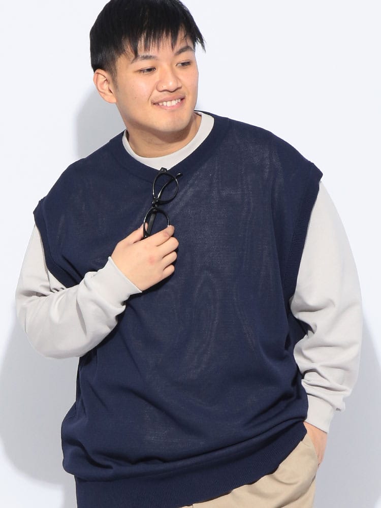 ベスト メンズ 大きいサイズ 12G 天竺編み リネンライク Vネック ニットベスト トップス ニット 無地 春 夏