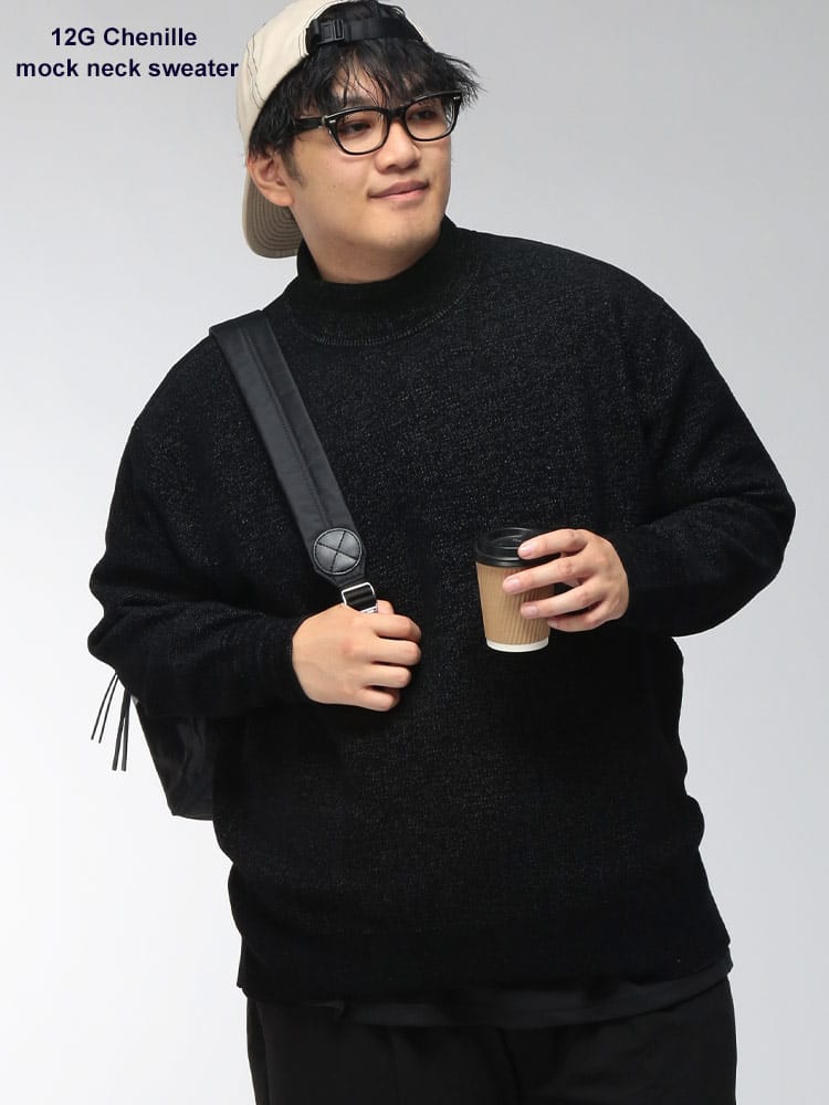 セーター 長袖 メンズ 大きいサイズ スラブ調杢鹿の子 12ゲージ モール モックネック ニット トップス カジュアル デイリー 無地 シンプル 秋 冬