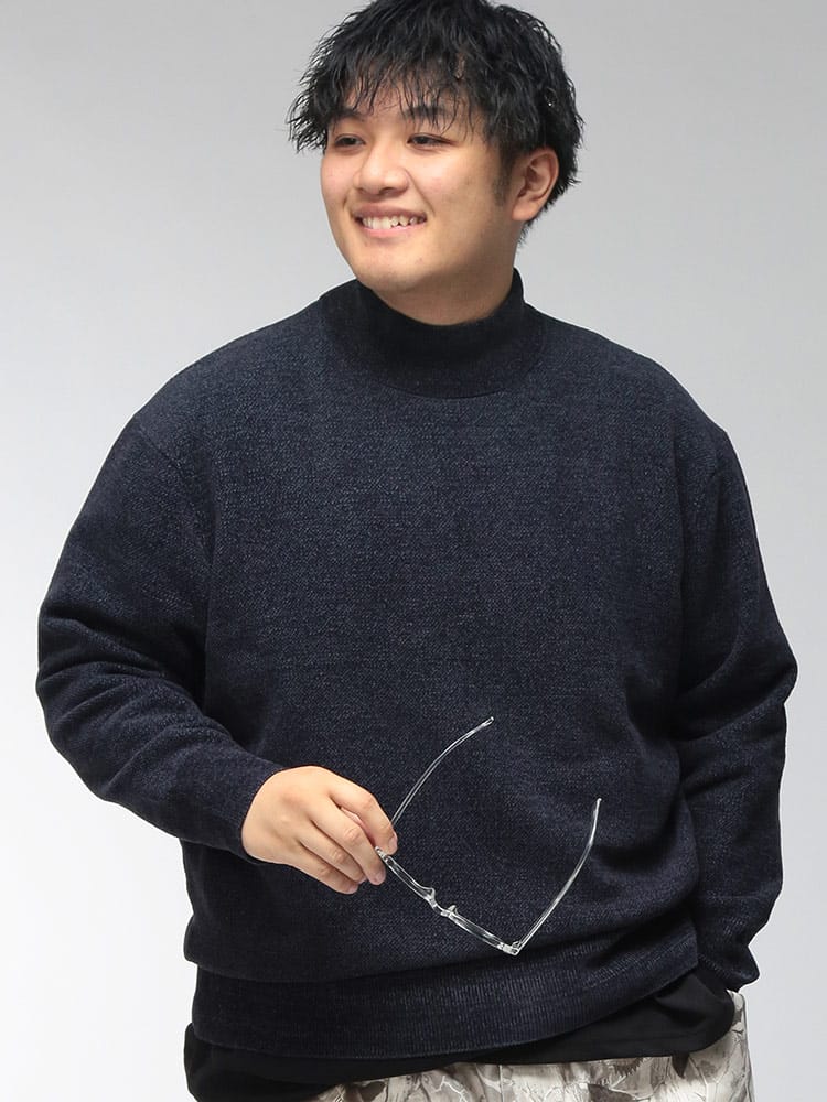 セーター 長袖 メンズ 大きいサイズ スラブ調杢鹿の子 12ゲージ モール モックネック ニット トップス カジュアル デイリー 無地 シンプル 秋 冬