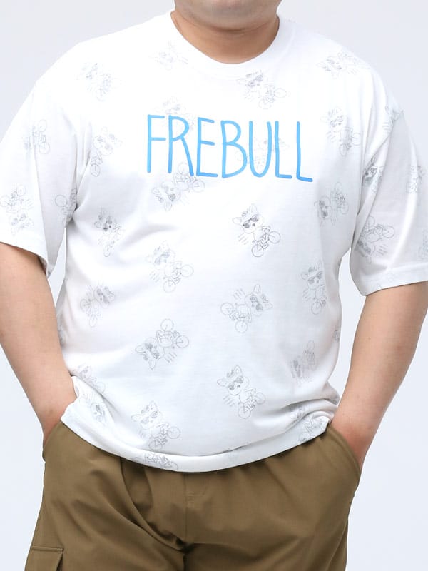 在庫処分 返品交換不可 大きいサイズ メンズ FRE BULL (フレブル) 裏総柄DOG ロゴプリント クルーネック 半袖 Tシャツ
