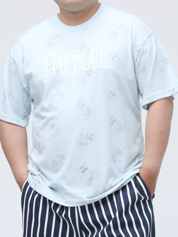 在庫処分 返品交換不可 大きいサイズ メンズ FRE BULL (フレブル) 裏総柄DOG ロゴプリント クルーネック 半袖 Tシャツ