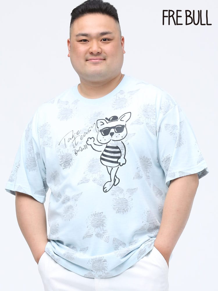 大きいサイズ メンズ FRE BULL (フレブル) 裏フラワープリント ブルドック クルーネック 半袖 Tシャツ