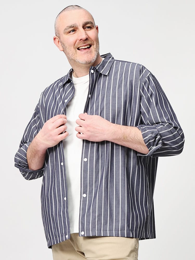 ALPHA CUBIC SPORT アルファキュービックスポーツ 長袖 シャツ ビジネスシャツ カジュアルシャツ  綿100％ ストライプ柄 スナップボタン レギュラーカラー 大きいサイズ メンズ