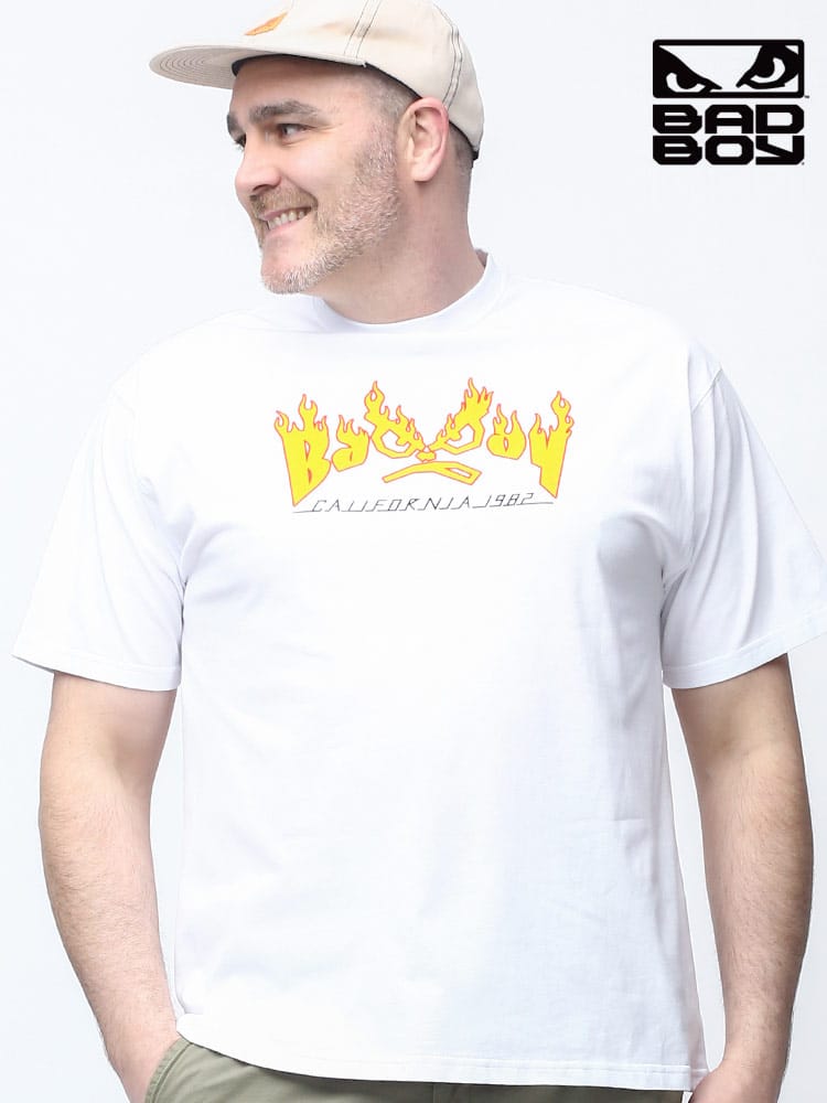 大きいサイズ メンズ BAD BOY (バッドボーイ) フレイムロゴ クルーネック 半袖 Tシャツ