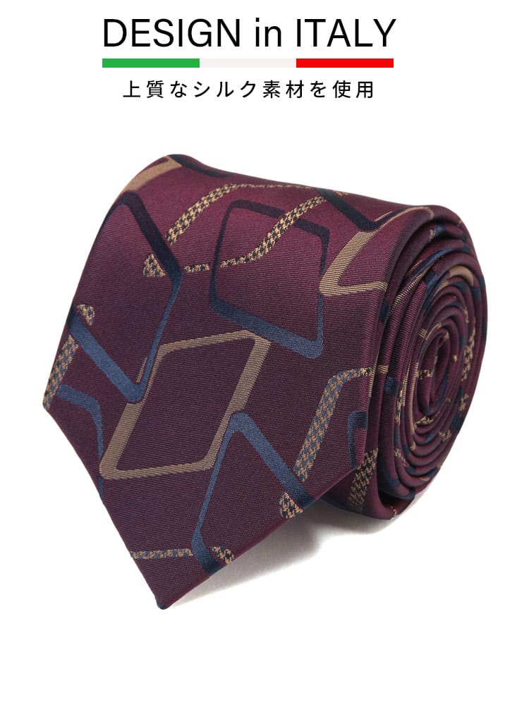 ネクタイ DESIGN in ITALY シルク混 幾何学柄 文様柄 大きいサイズ メンズ ビジネス 紳士