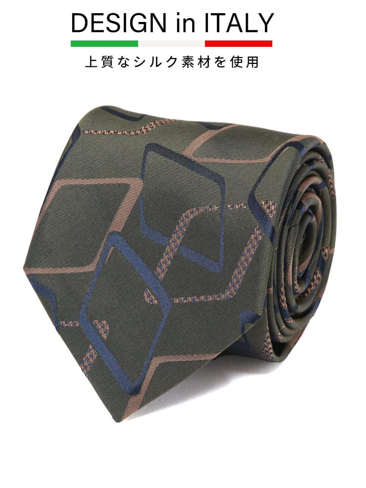 ネクタイ DESIGN in ITALY シルク混 幾何学柄 文様柄 大きいサイズ メンズ ビジネス 紳士