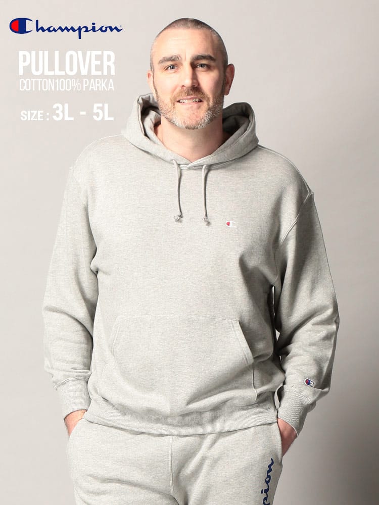 大きいサイズ メンズ Champion (チャンピオン) 綿100％ ワンポイント プルオーバー 長袖 パーカー