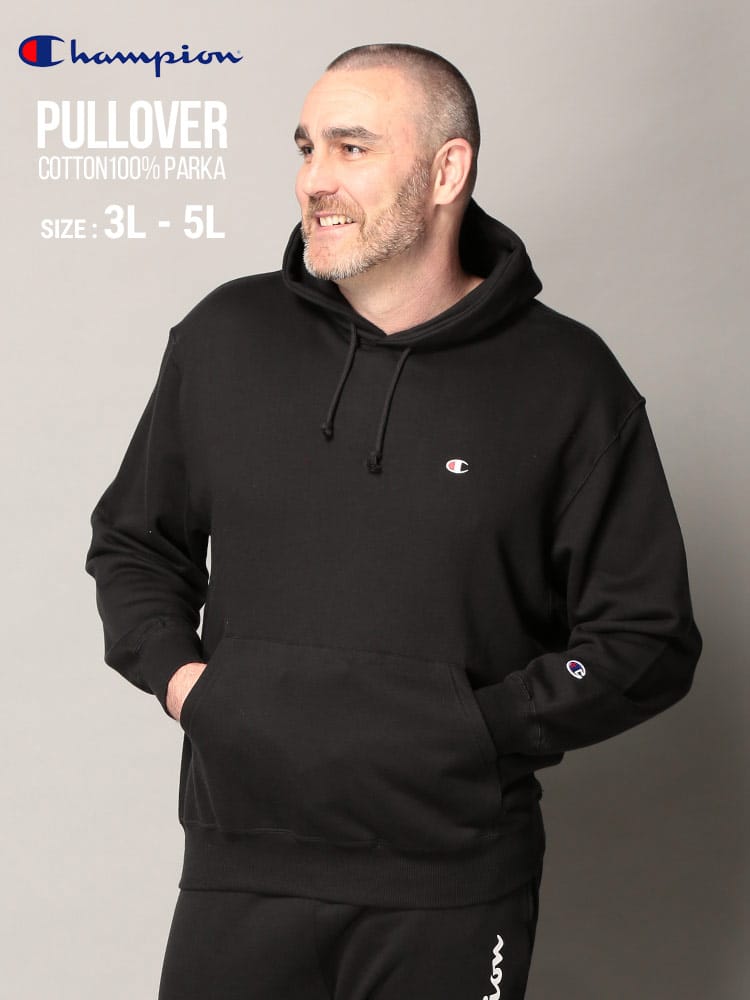 大きいサイズ メンズ Champion (チャンピオン) 綿100％ ワンポイント プルオーバー 長袖 パーカー