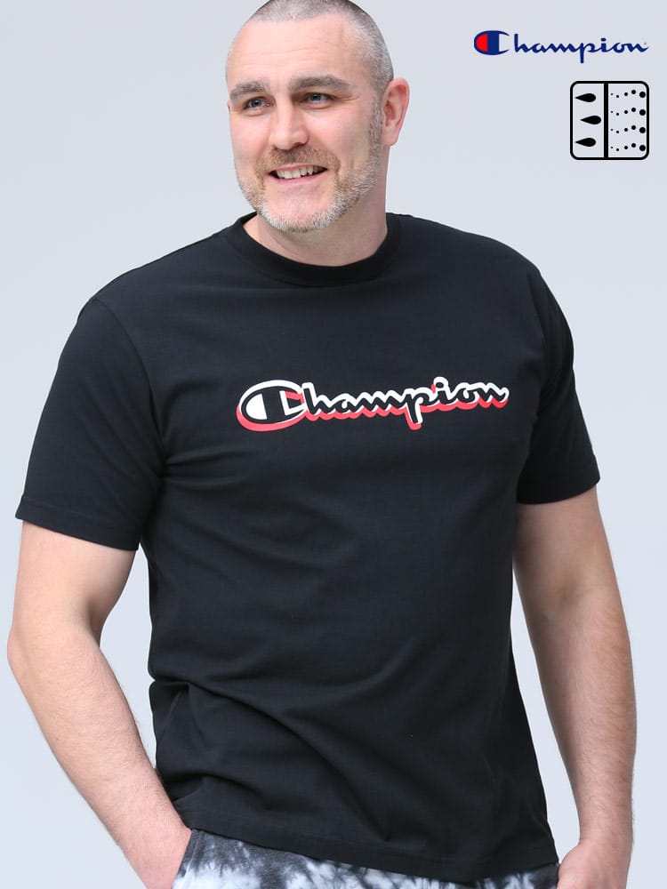 大きいサイズ メンズ Champion (チャンピオン) 速乾 軽量 べたつき軽減 ロゴプリント クルーネック 半袖 Tシャツ