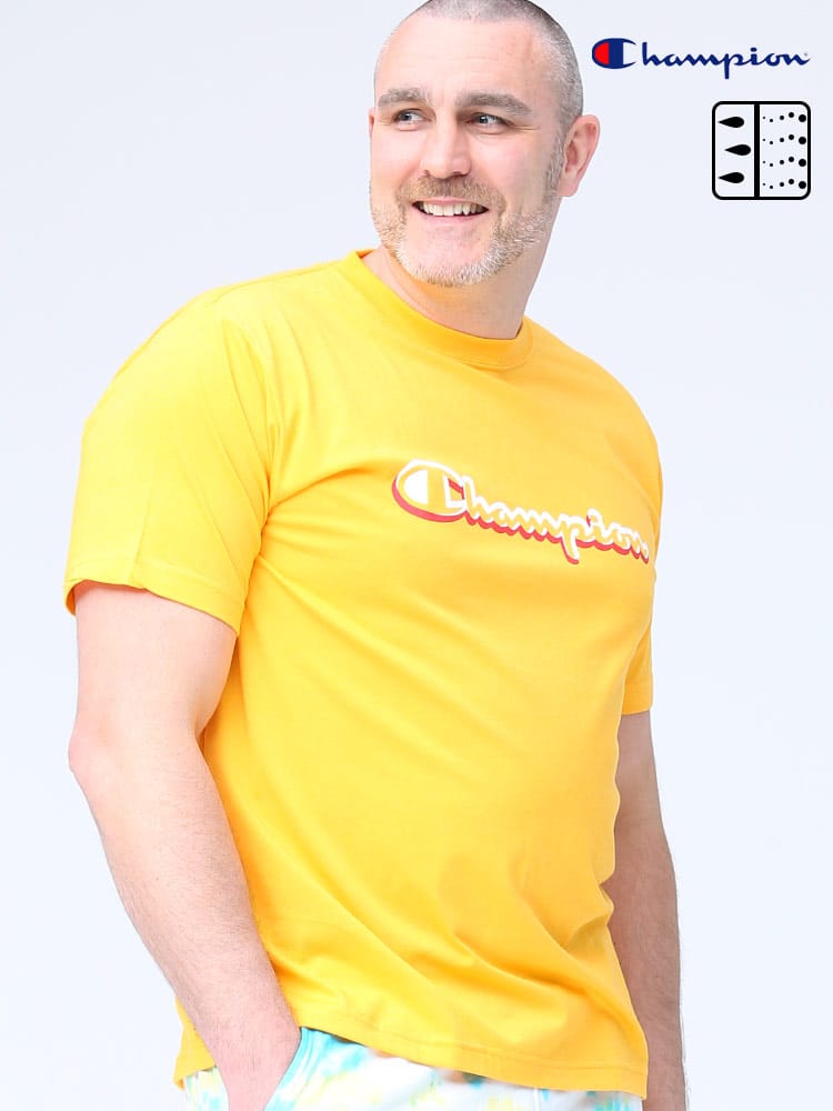 大きいサイズ メンズ Champion (チャンピオン) 速乾 軽量 べたつき軽減 ロゴプリント クルーネック 半袖 Tシャツ