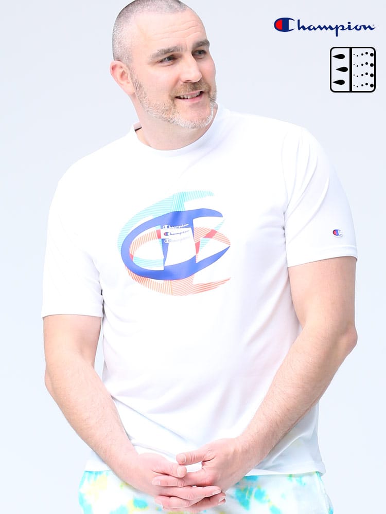 大きいサイズ メンズ Champion (チャンピオン) 速乾 防臭 スリーロゴプリント クルーネック 半袖 Tシャツ
