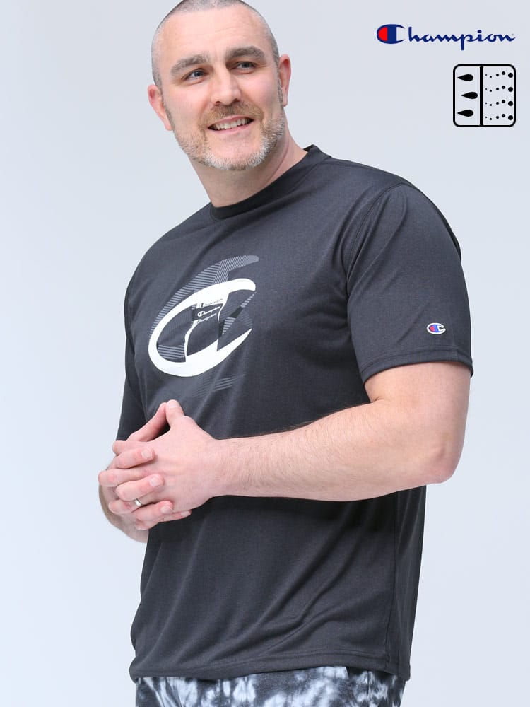 大きいサイズ メンズ Champion (チャンピオン) 速乾 防臭 スリーロゴプリント クルーネック 半袖 Tシャツ