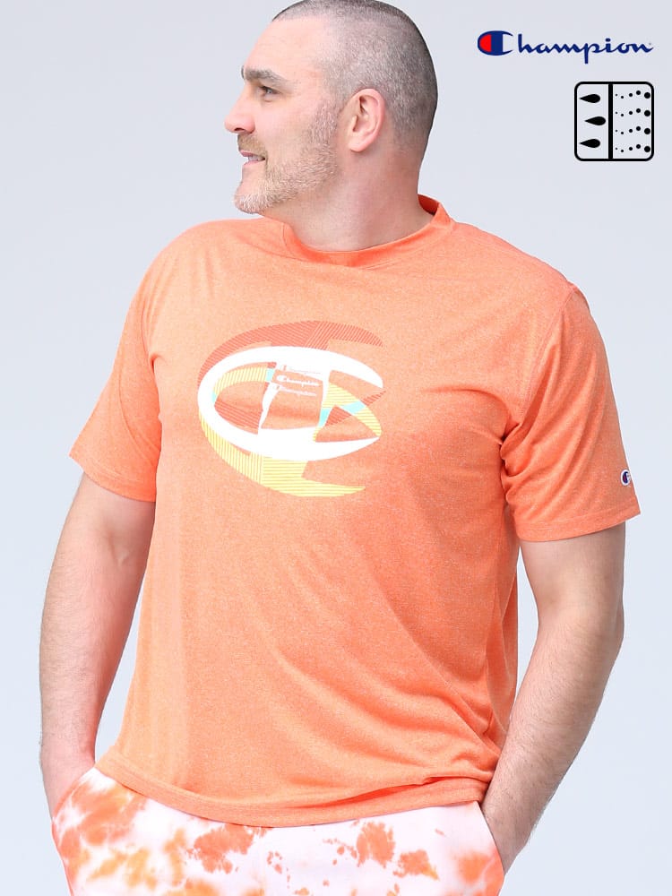 大きいサイズ メンズ Champion (チャンピオン) 速乾 防臭 スリーロゴプリント クルーネック 半袖 Tシャツ